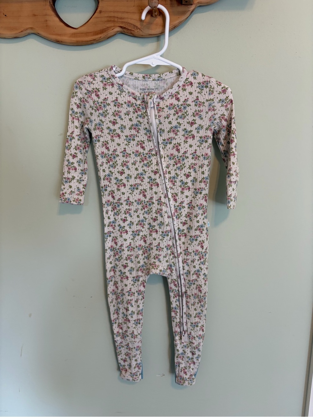 Posh Peanut White Ribbed Footie with Pink & Green Floral Print